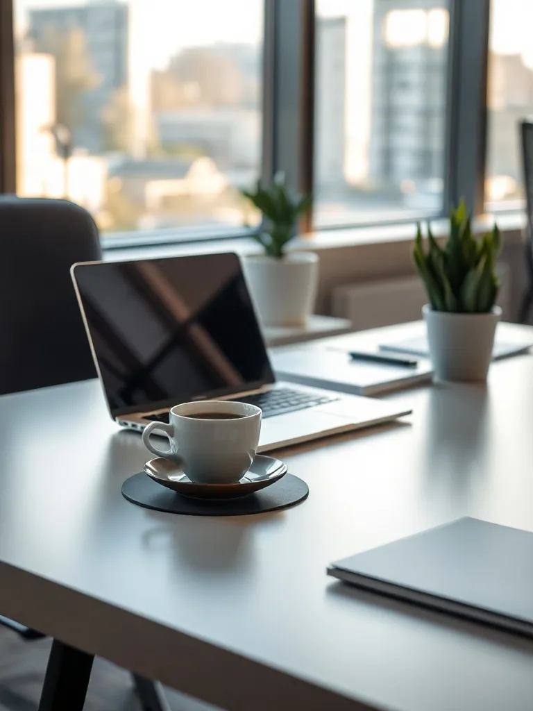A high-quality photo of a modern office desk with a laptop a