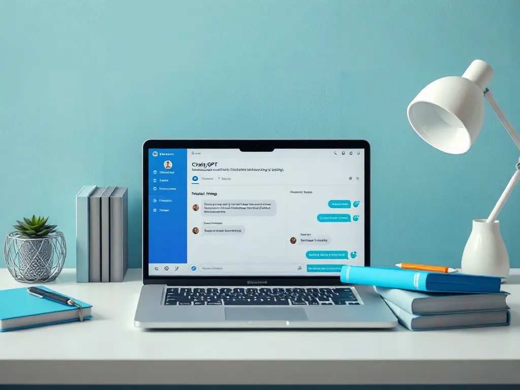 A modern workspace with a laptop showing a chat interface an